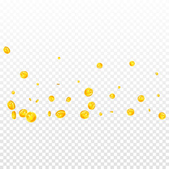 Chinese yuan coins falling. Scattered gold CNY