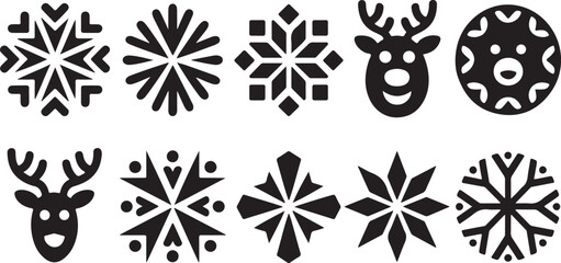 Collection of Black Snowflakes and Reindeer Icons on White Background Keywords: snowflake, icon, christmas, winter, reindeer, deer, holiday, decoration, symbol, graphic, design, element, pattern