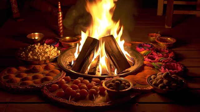 Decorative fire altar with sweets and offerings for Lohri or Makar Sankranti celebration. Indian harvest festival concept