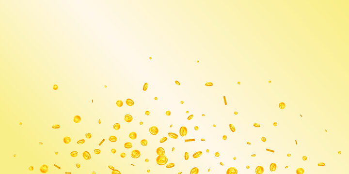 Indian rupee coins falling. Scattered gold INR