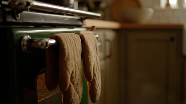 Kitchen detail with oven mitts and cookware on stovetop rack