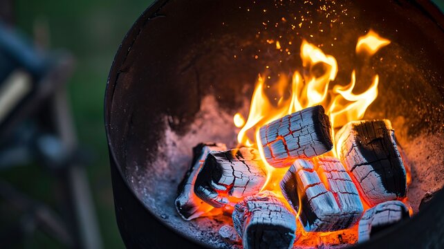 Glowing charcoal and bright flames burning in outdoor grill fire
