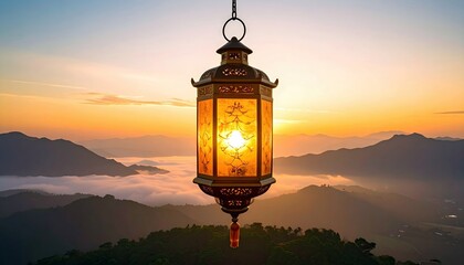 A decorative lantern hangs in the air, glowing with warm light against a backdrop of mountains and a vibrant sunset.