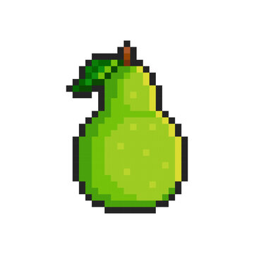 Pixel green pear isolated on transparent background. Pixelated badge, game asset or computer arcade item. Fruit icon. Vector pixel art food illustration in 16 bit old style.