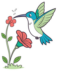 Colorful Hummingbird Drinking Nectar from Flower – Vector Illustration