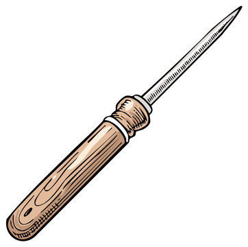 Vintage awl or ice pick tool with wooden handle hand drawn illustration