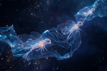 Ethereal bioluminescent deep sea creatures drift through the dark ocean depths illuminated by their own light