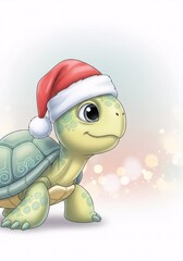 Adorable cartoon turtle wearing a Santa hat. Cute animal character for Childrens Christmas holiday and winter season design. Festive seasonal greeting card illustration with copy space.