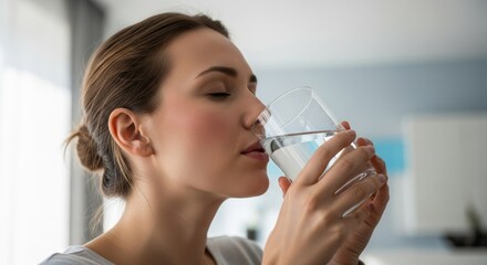 close-up of a relaxed woman drinking clear water for hydration, wellness, and self-care concepts, for healthy lifestyle blogs, advertising, and fitness sites, with copy space