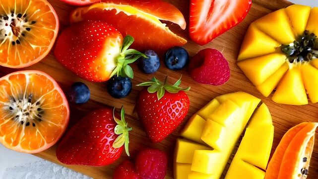 A topdown view of a wooden cutting board showcasing a variety of fresh fruits. The fruits include oranges, strawberries, kiwi, mango, and blueberries. The colors are vibrant.