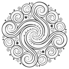 Intricate Abstract Spiral Mandala Design with Swirling Patterns Black White Line Art Decorative Circular Illustration
