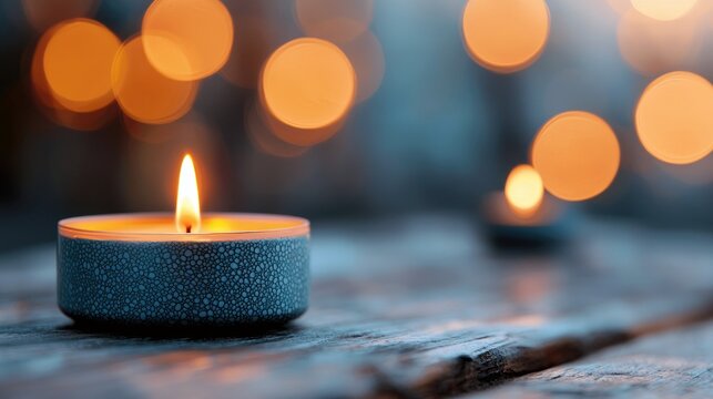 A close-up shot of a lit candle on a wooden surface, with a soft bokeh background and warm lighting.