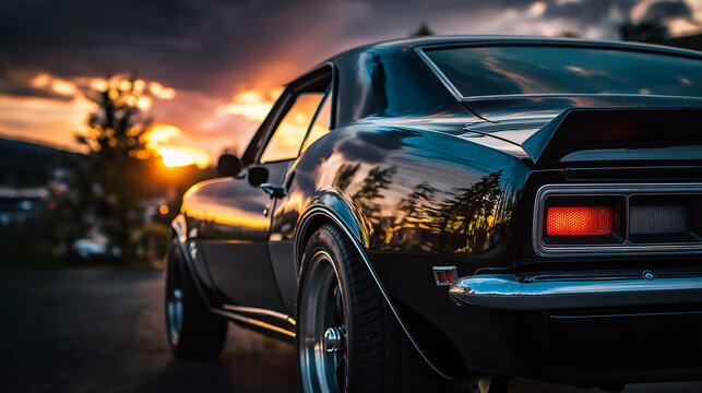 Side profile of a classic 1967 black car at sunset, vintage automobile with warm golden sky background, cinematic lighting, retro style photography, detailed side view, smooth reflections