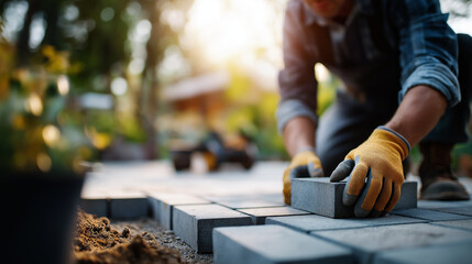 Fototapeta na wymiar Faceless landscaper man laying interlocking paving stones creating new backyard patio defocused garden background wearing protective gloves work clothes outdoor hardscaping