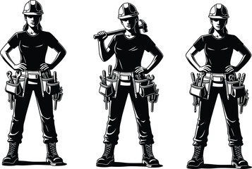 Confident construction worker in hard hat with tool belt, cargo pants, and boots — black and white vector illustration set