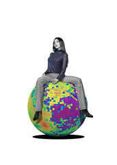 Naklejka premium Party girl sitting on a large mirror disco ball, isolated on free png background. Party, carnival Time concept