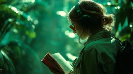 Young woman reading a book while listening to music in a lush green garden