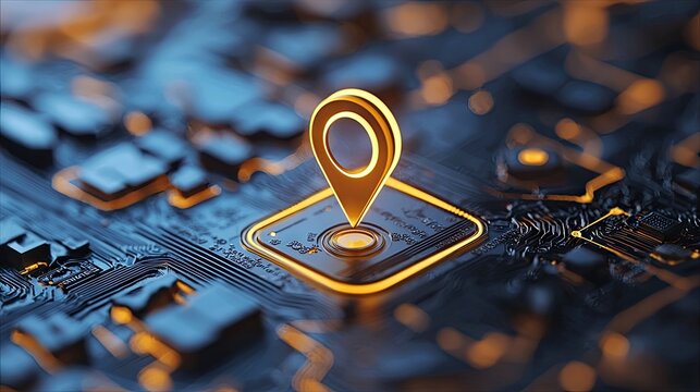 Close-up of a golden location pin icon on a circuit board, illuminated with a futuristic glow, representing technology and navigation. - Powered by Adobe