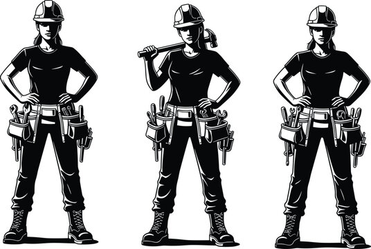 Confident construction worker in hard hat with tool belt, cargo pants, and boots — black and white vector illustration set - Powered by Adobe