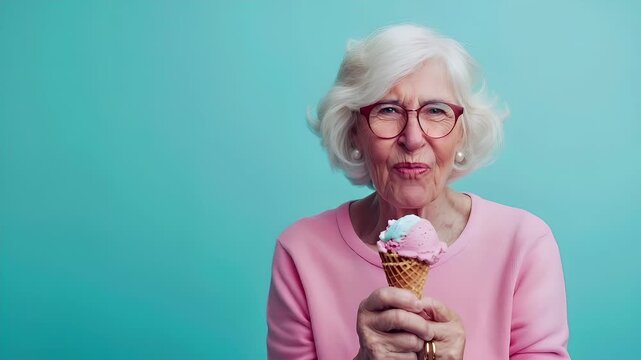 elderly woman eating pink ice cream against a turquoise background.