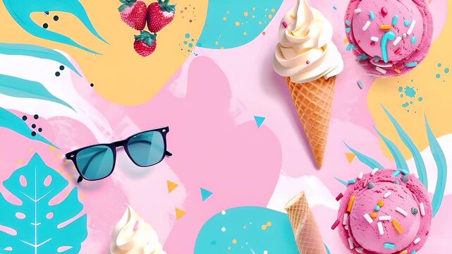 pink ice cream cones with sprinkles and candy toppingspink scoops of ice cream with sprinklers and chocolate chipspink donut ice creamstrawberries and sunglasses on a pastel pink background with abs.