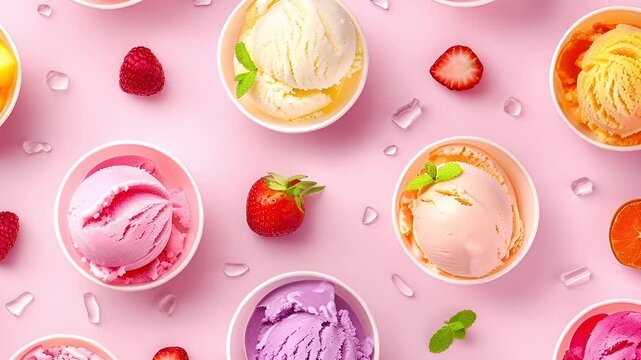 A vibrant, flat lay of various scoops of ice cream on a pastel pink background. The main subject is a bowl of vanilla ice cream with a slice of strawberry on top.