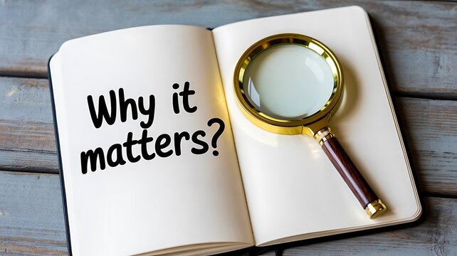 A magnifying glass rests on an open notebook with the handwritten question why it matters prompting contemplation and investigation on a rustic wooden background
