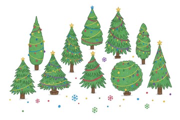Obraz premium Drawn green Christmas trees set isolated on white background. Colorful Garland winter trees collection for holiday xmas and new year.