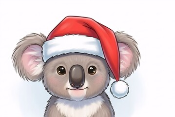 Cute fluffy koala wearing a red Santa hat portrait. Animal character for holiday greeting card design. Christmas illustration.