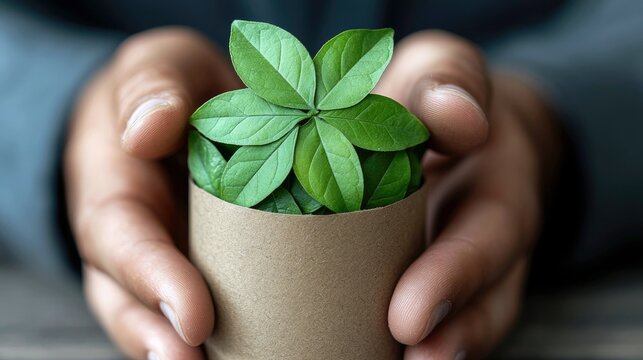 Close-up of a person's hands holding a small plant growing out of a cardboard tube. The image conveys an environmental and sustainability concept.