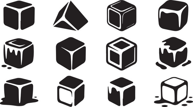 Collection of twelve black and white ice cube icons in various melting stages frozen cold