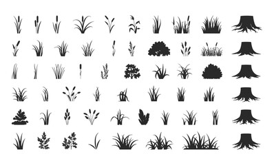 A detailed collection of natural plant, grass, bush, and tree stump silhouettes for various design projects