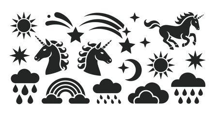 An enchanting collection of black silhouette icons depicts unicorns, stars, the sun, moon, clouds and a rainbow