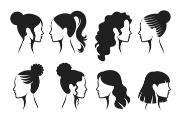 Elegant female head silhouettes in profile display a diverse range of modern hairstyles