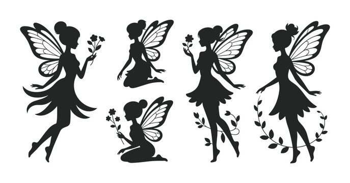 Set of elegant fairy silhouettes depicting mystical winged creatures with delicate flowers and flowing vines