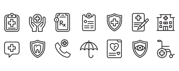 Medical healthcare line icons for insurance, clinic, hospital, pharmacy business and marketing campaigns, vector designs for websites and apps