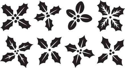 Eight black and white stylized holly leaf icons and silhouettes with berries on a white background leaves