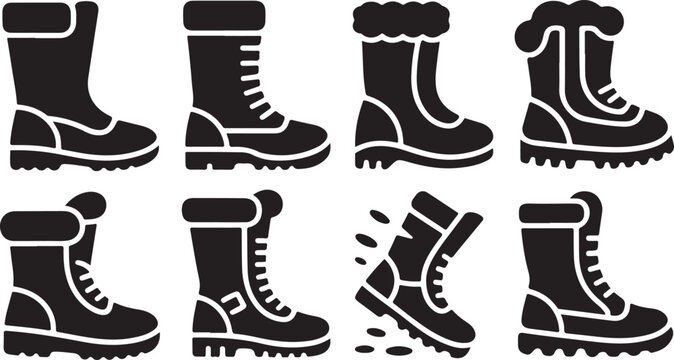 Eight black and white icons of winter boots and snow boots with different designs Keywords: boots, winter boots, snow boots, footwear, shoes, winter footwear, outdoor shoes, hiking boots, fashion