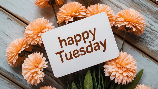 A cheerful and vibrant arrangement of soft peach colored flowers surrounds a white card with the handwritten message happy tuesday set against a rustic wooden background