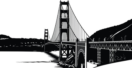 Iconic Golden Gate Bridge Black and White Vector Illustration, San Francisco Landmark Silhouette, Classic Suspension Bridge Line Art Design
