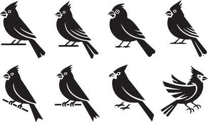 Eight Black Silhouette Cardinal Bird Icons with Different Poses Keywords: cardinal, bird, birds, silhouette, icon, animal, wildlife, nature, perched, standing, flying, wings, feathers, beak, crest