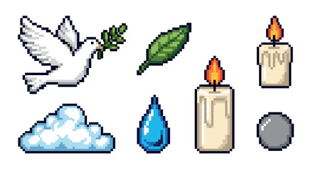 Pixel art icon set with spiritual symbols like a peace dove, burning candles, a cloud, a water drop, and a leaf, designed in a retro 8-bit video game style isolated on white