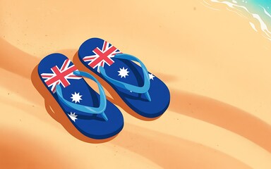 Blue flip flops with australian flag on sandy beach