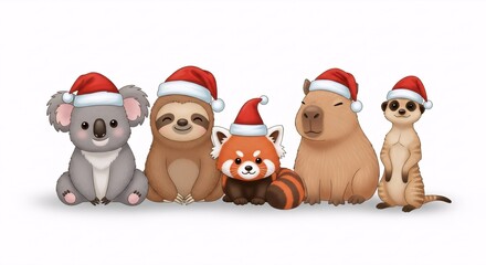 Adorable cartoon animals wearing red Santa hats in a row. Cute Christmas festive illustration for holiday greeting card and kid design.