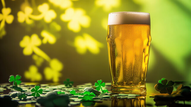 Golden beer glass with foam and shamrock decorations on table, festive St. Patrick Day celebration with bright green background - Powered by Adobe