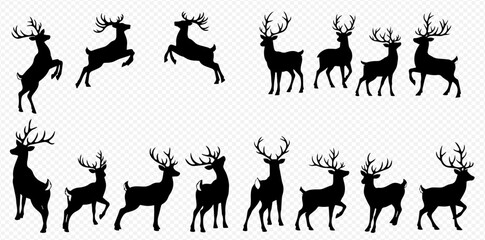 Silhouette of deer in various poses, including jumping and standing.