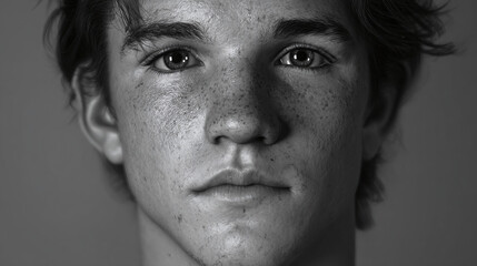 A striking black and white portrait of a young man with a serene expression, revealing intricate details