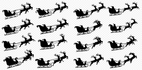 Silhouetted Santa Claus in a sleigh pulled by reindeer, repeated pattern.