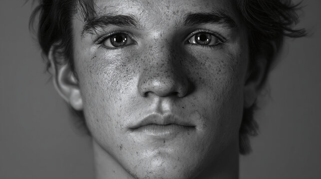 A striking black and white portrait of a young man with a serene expression, revealing intricate details