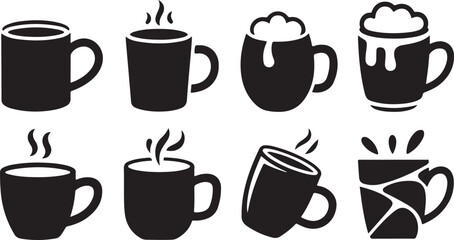 Eight black silhouette mugs with drinks and foam on a white background Keywords: mug, cup, drink, beverage, hot drink, cold drink, coffee, tea, beer, foam, froth, liquid, steam, icon, symbol